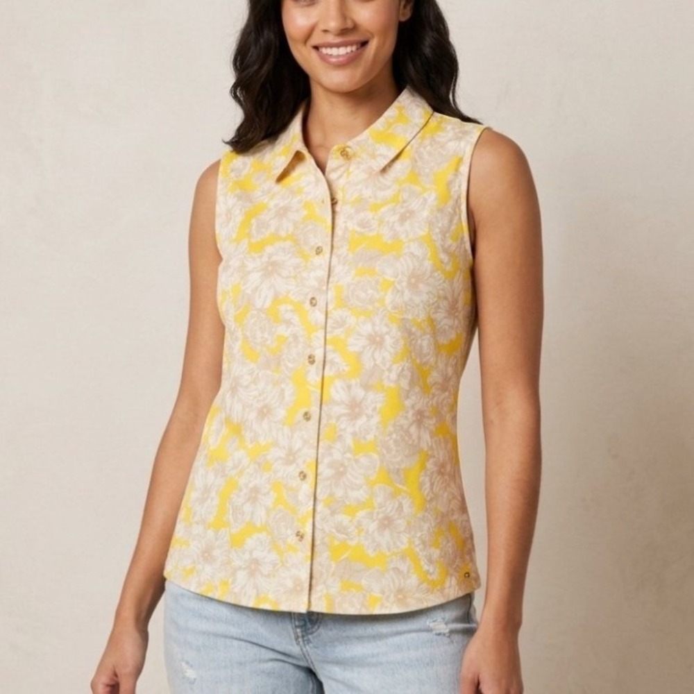 Tommy Hilfiger Sleeveless Top Women XL Yellow Floral Button Down Flowercore